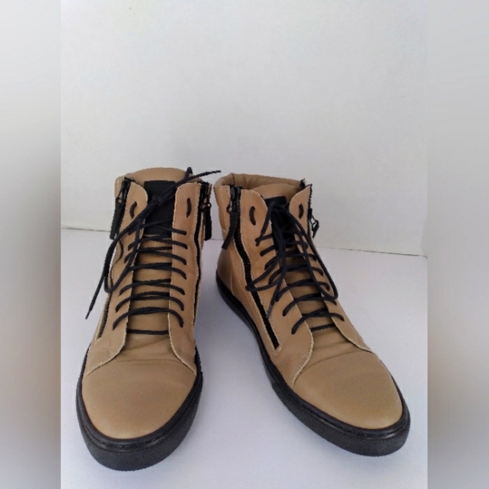 Modern High-Top Sneakers with Side Zippers Beige Leather Urban Casual‎ Shoes